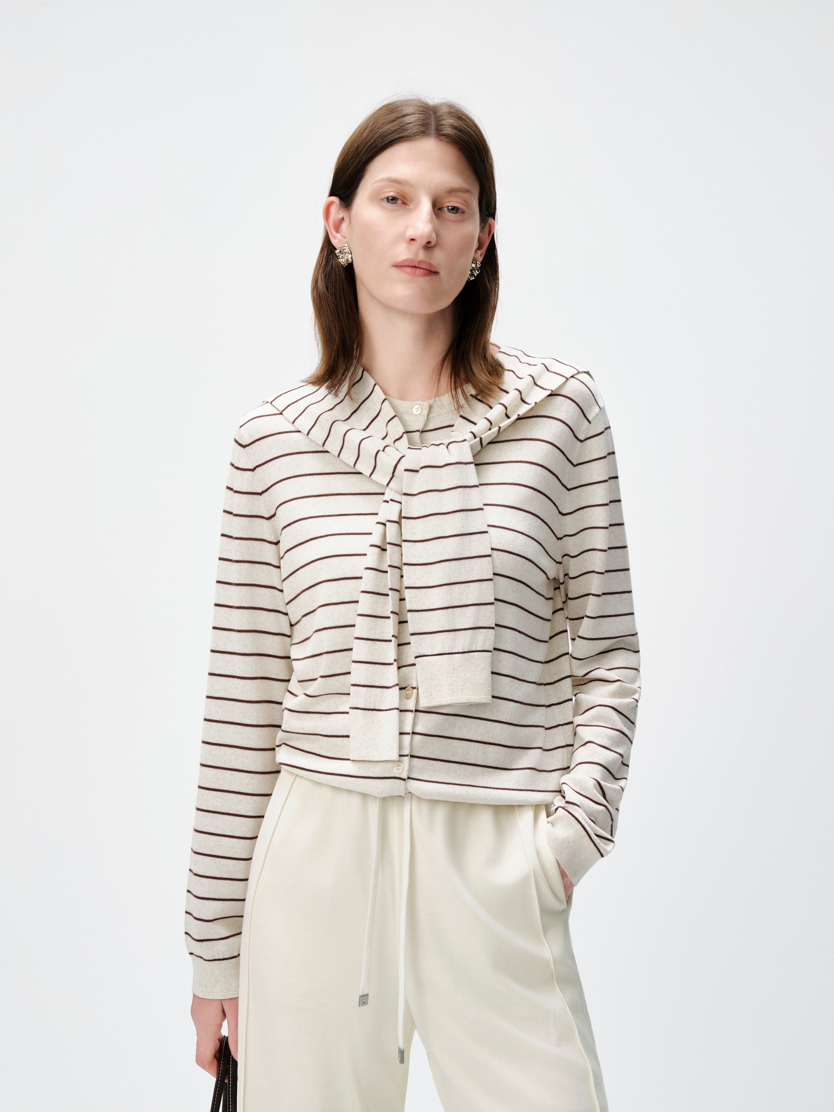 Twofer Tie-Sleeve Striped Cardigan