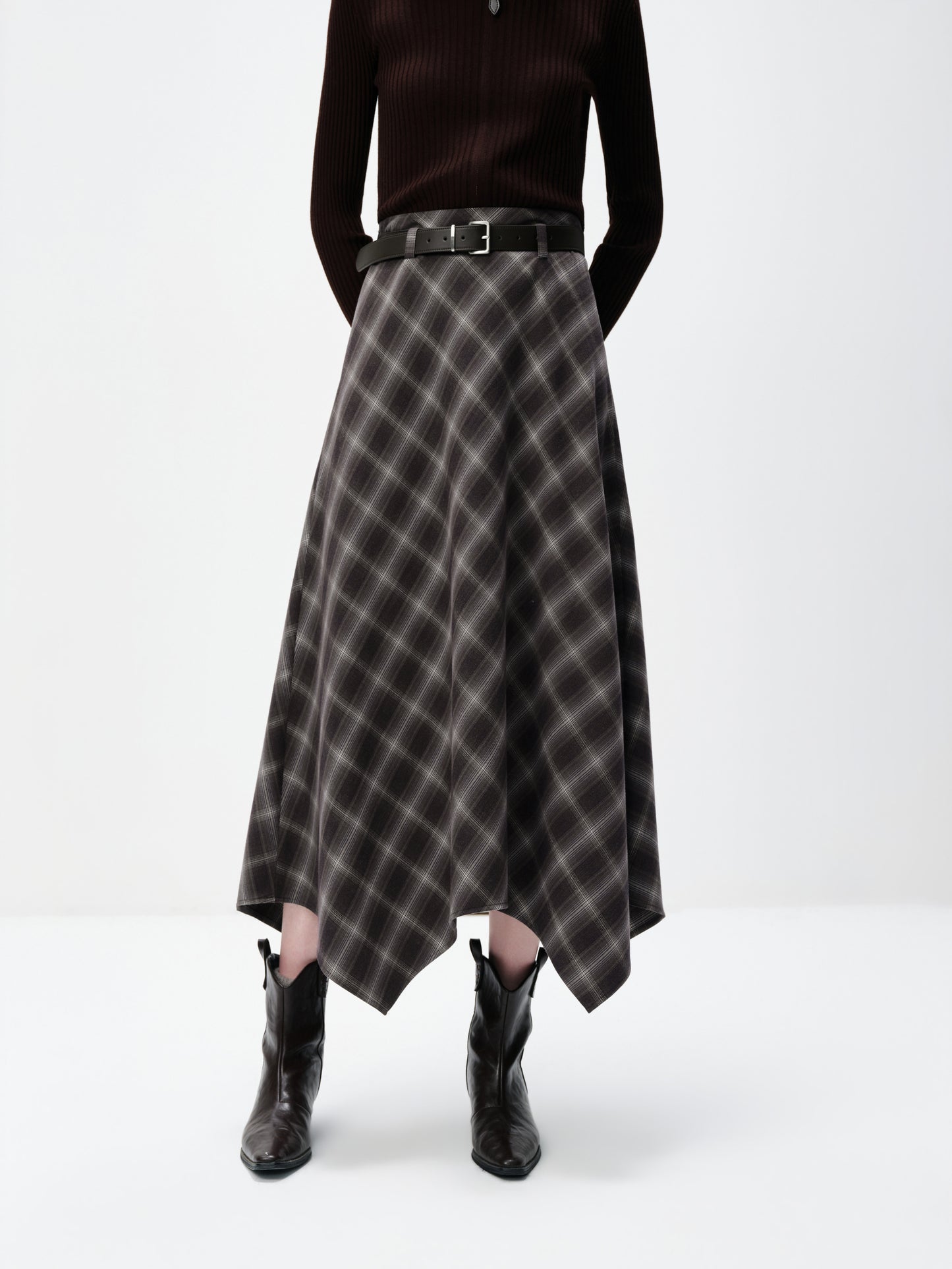 Belted Plaid Handkerchief Maxi Skirt