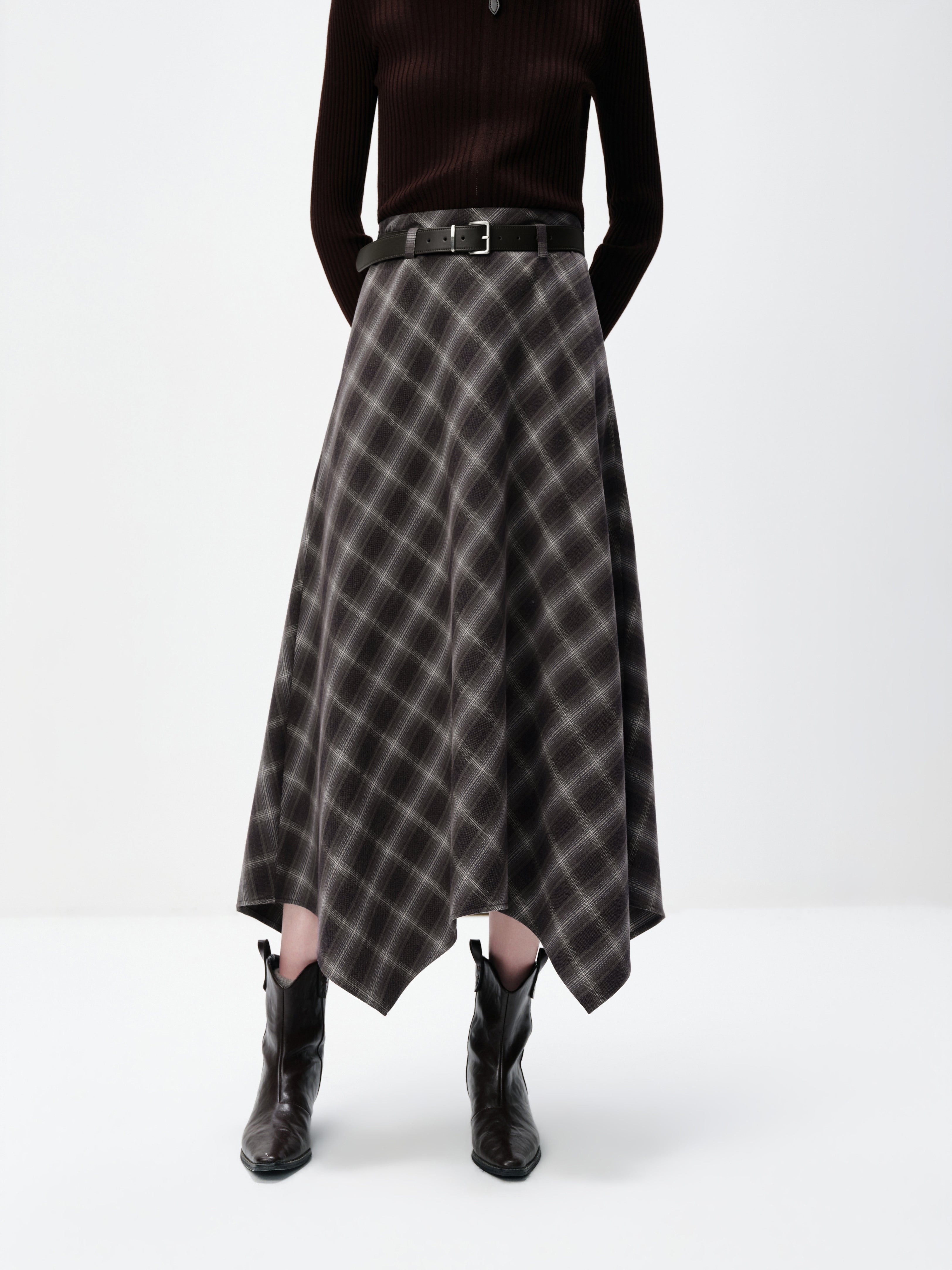 Belted Plaid Handkerchief Maxi Skirt