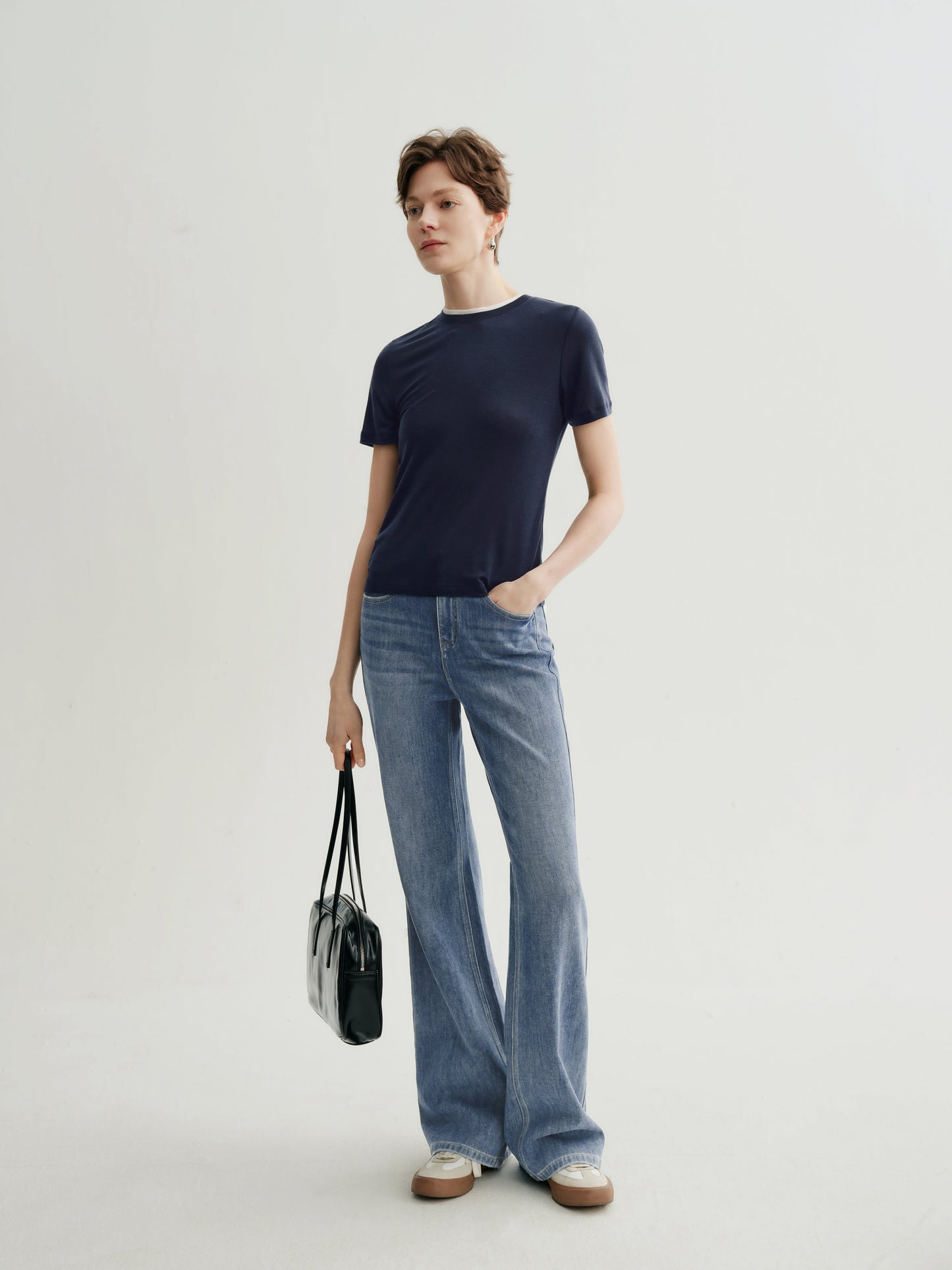 Slim-Fit Structured Shoulder Crewneck Short-Sleeve Top