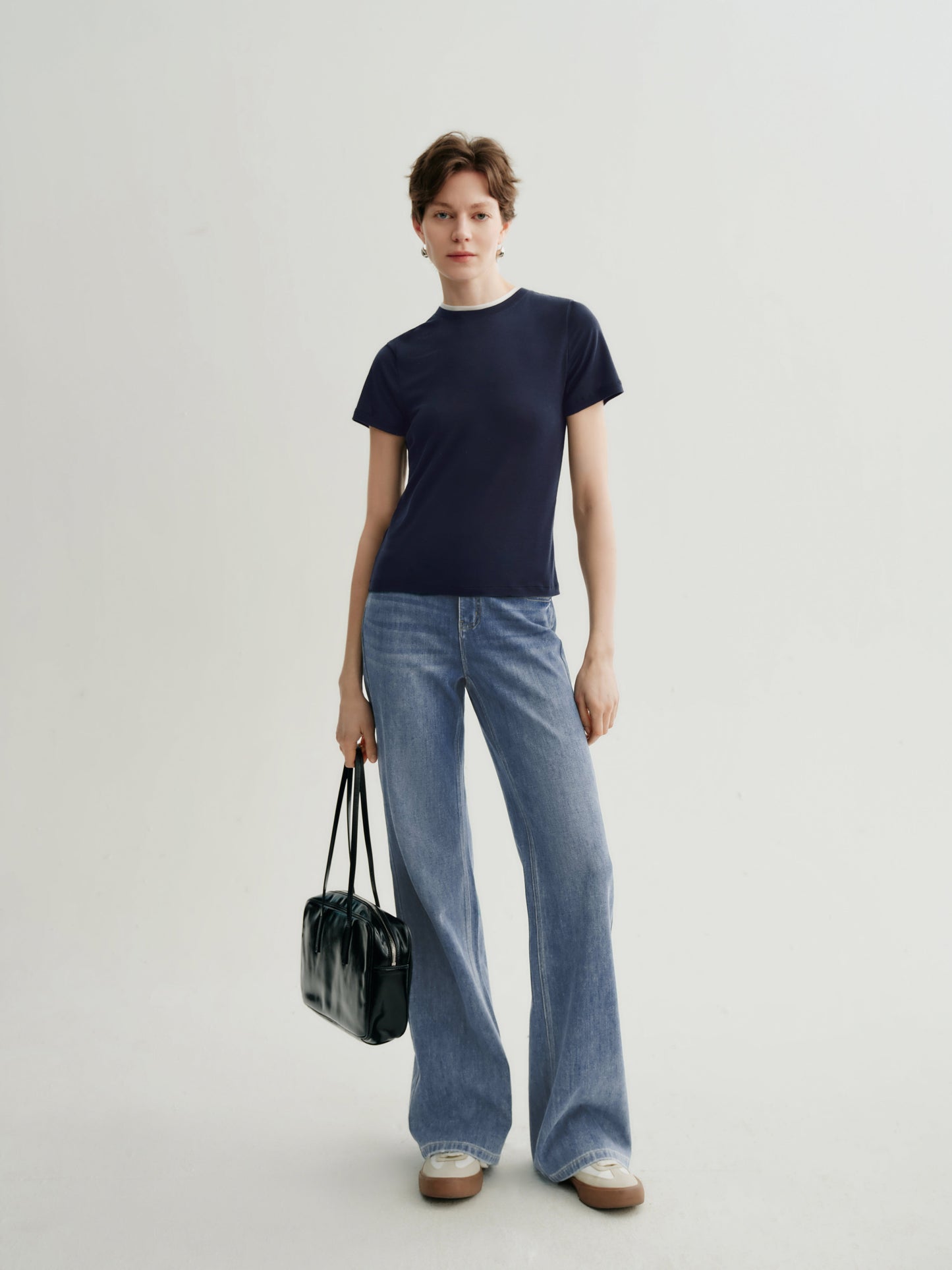 Slim-Fit Structured Shoulder Crewneck Short-Sleeve Top