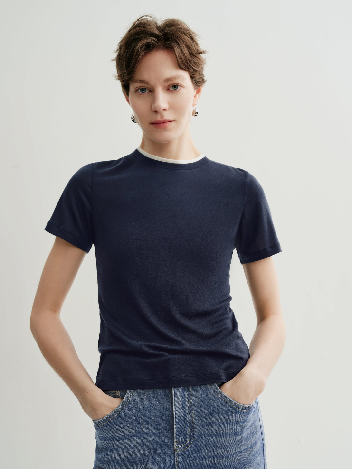 Slim-Fit Structured Shoulder Crewneck Short-Sleeve Top