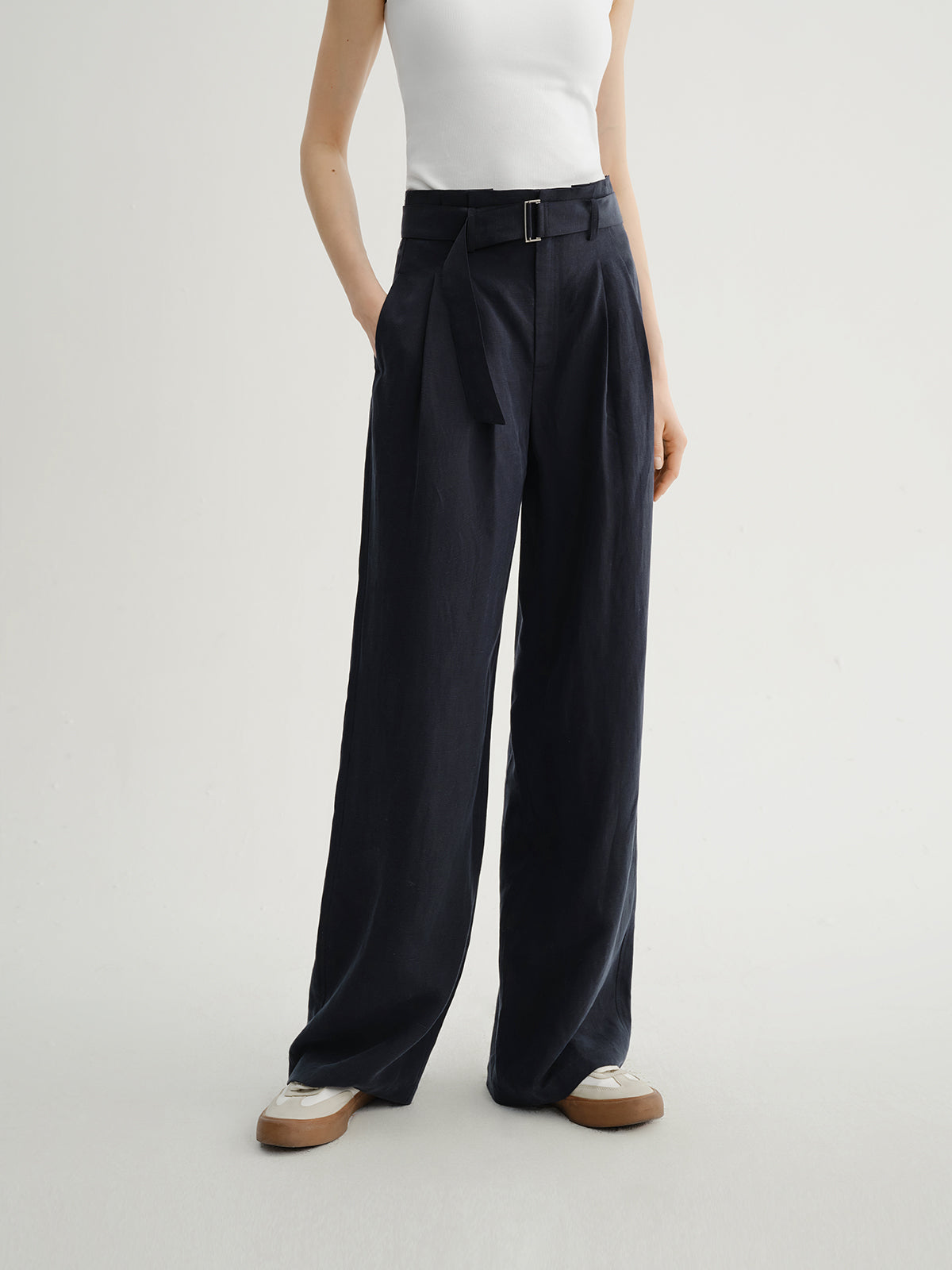Belted Lyocell-Linen Pleated Pants