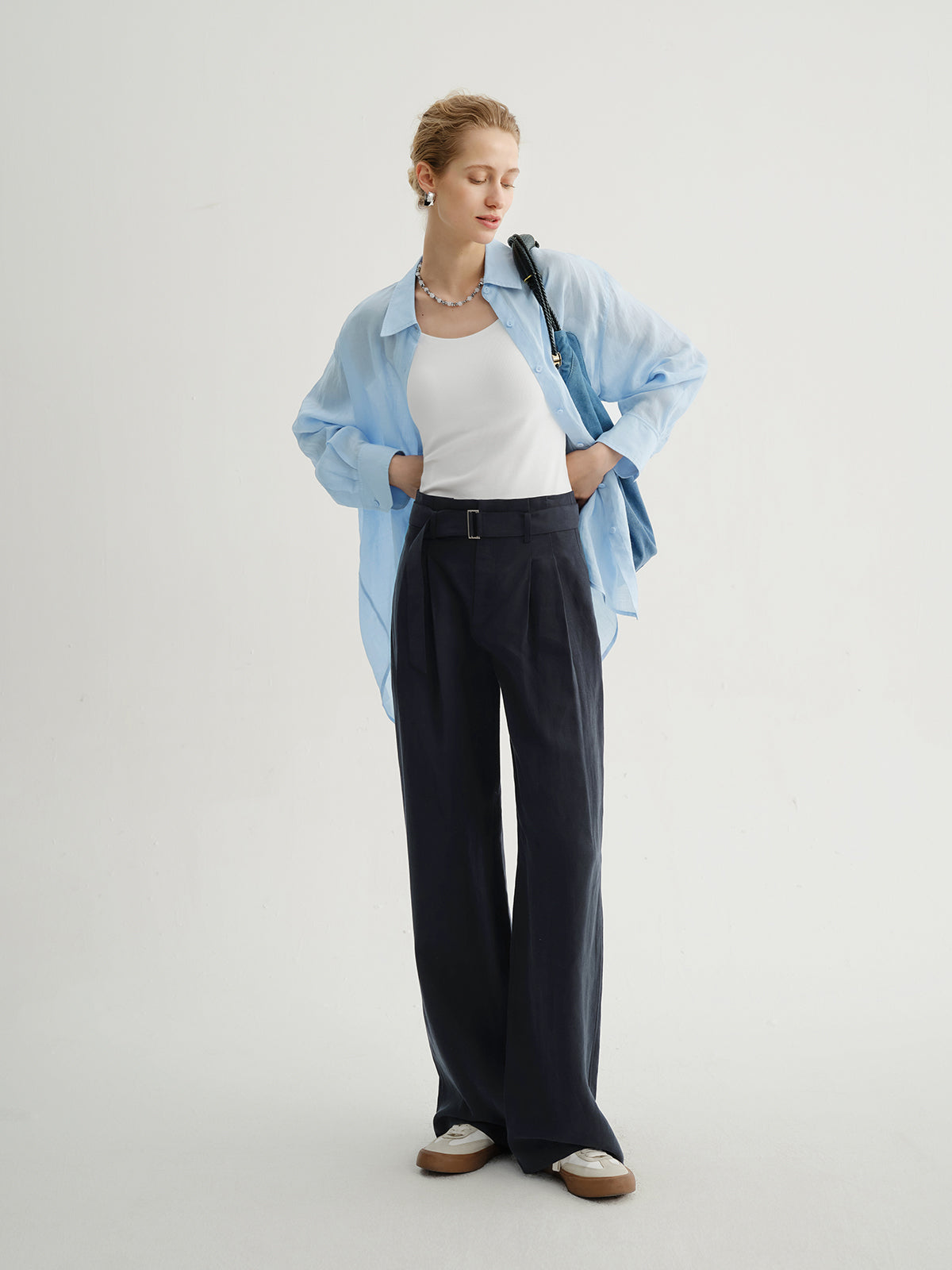 Belted Lyocell-Linen Pleated Pants