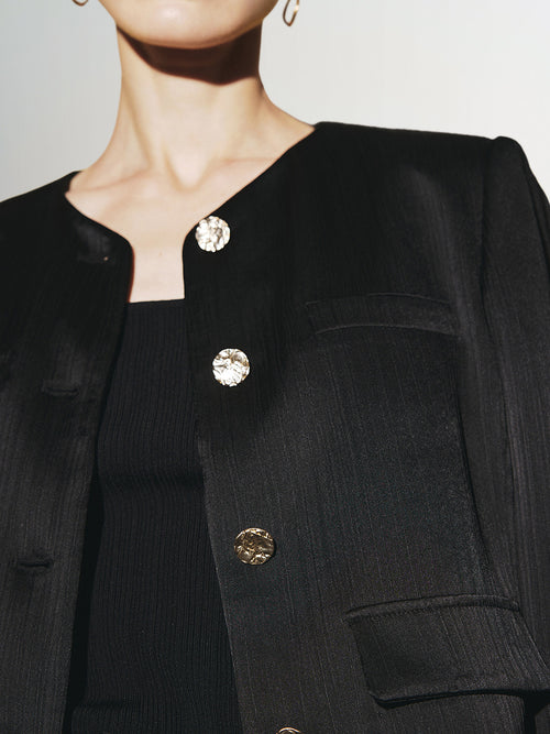Charger l'image 1 dans la galerie. Women's Noir Round NeckSmooth Acetate Short Jacket
