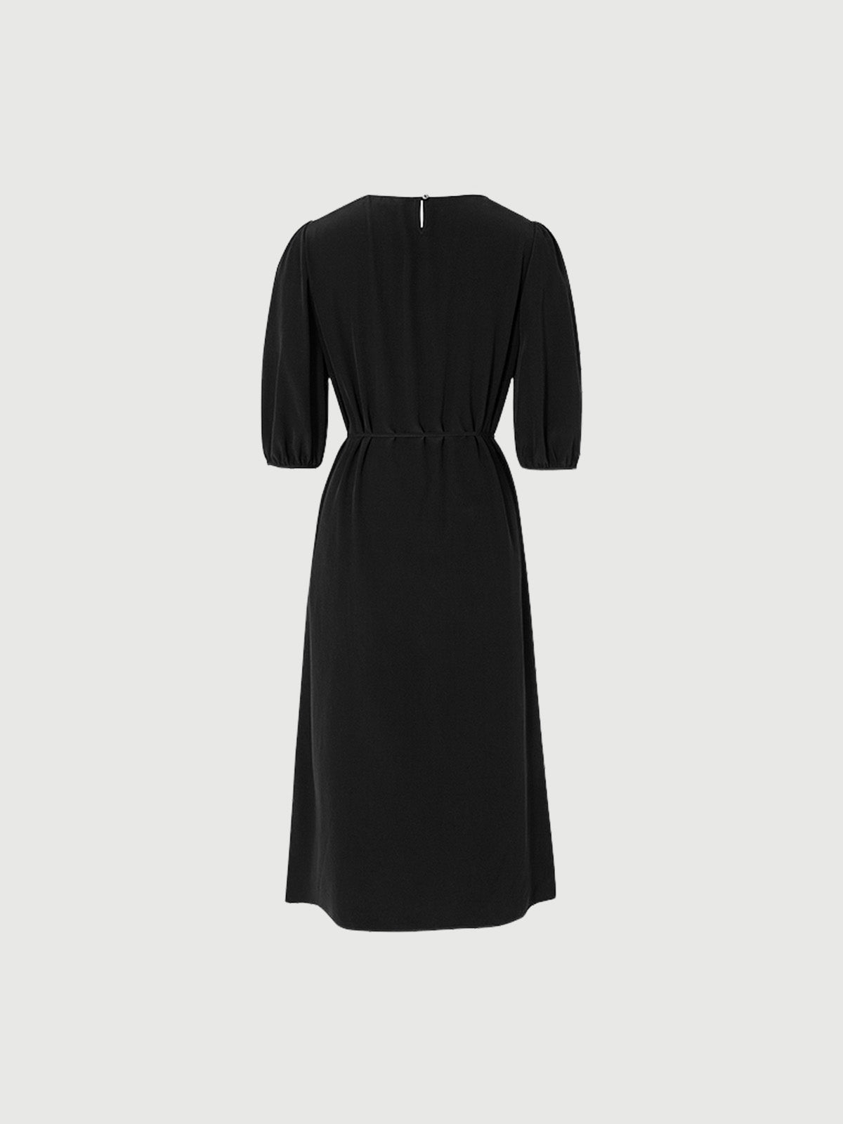 Black silk dress with puffed sleeves and boat neck