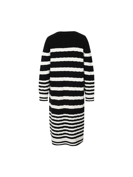 Women's Black White Stripe Turtleneck Long Sleeve Sweater Dress