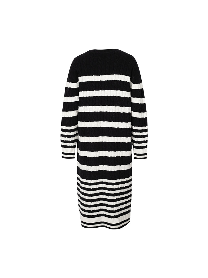 Women's Black White Stripe Turtleneck Long Sleeve Sweater Dress