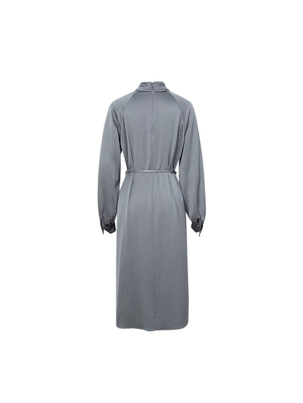 Women's Grey Tie Neck Long Sleeves Belted Dress 5DA194791