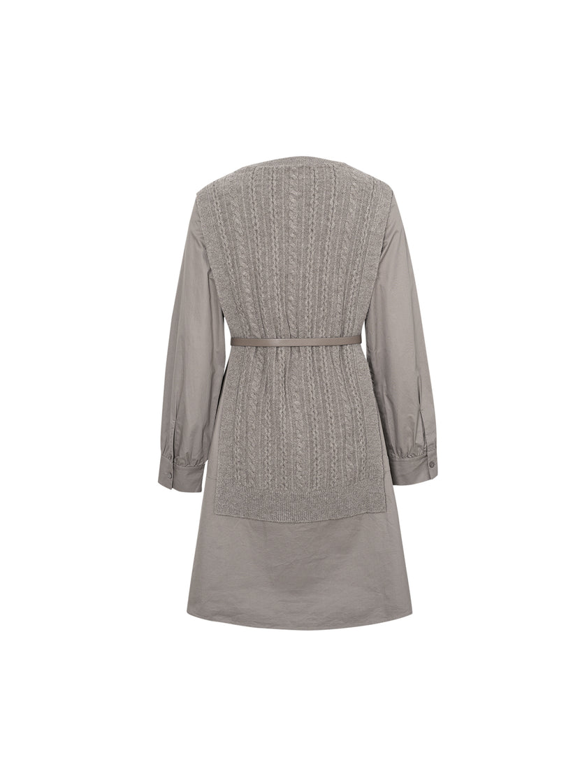 Women's Brown Wool Vest Splicing Cotton Dress