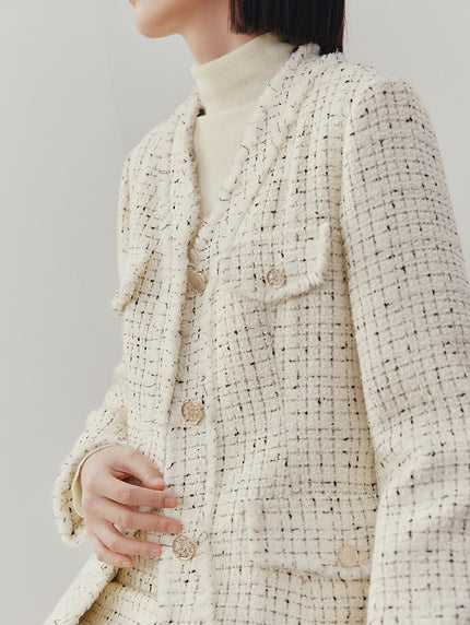 Women's White V Neck Woolen Tweed Coat Jacket