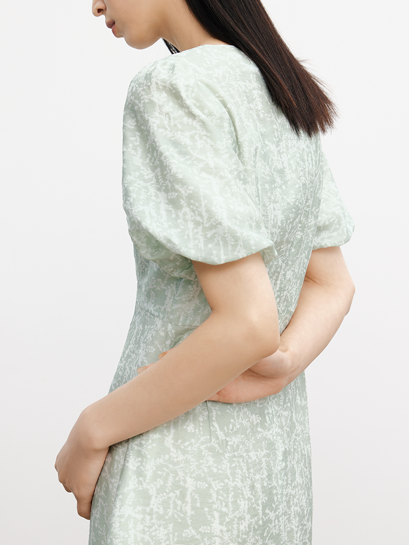 Women's F loral Mint Green V Neck Slim Fit Breathable Lyocell Dress