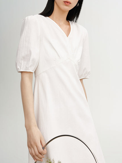 Women's White V Neck Short Sleeve High Wasit Dress