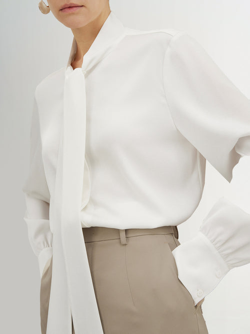 Charger l'image 1 dans la galerie. Women's Plain White Tie Neck Long Sleeves Smooth Acetate Shirt