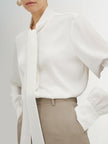 Women's Plain White Tie Neck Long Sleeves Smooth Acetate Blouse