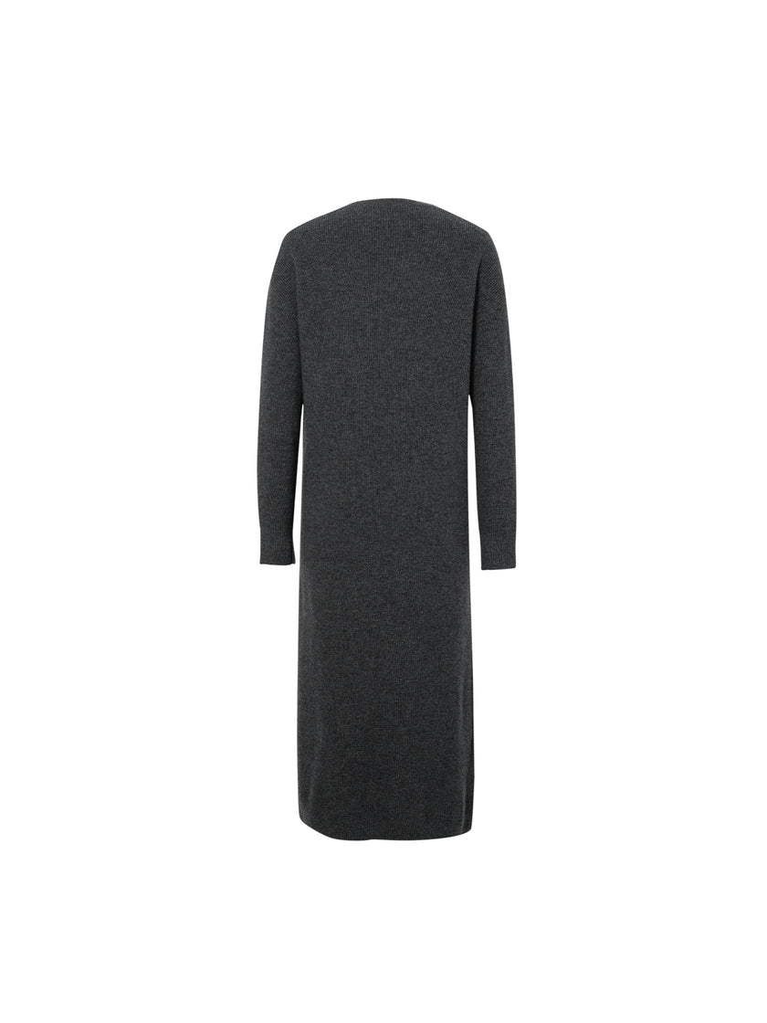 Women's Dark Gray Round Neck Long Sleeve Wool Dress