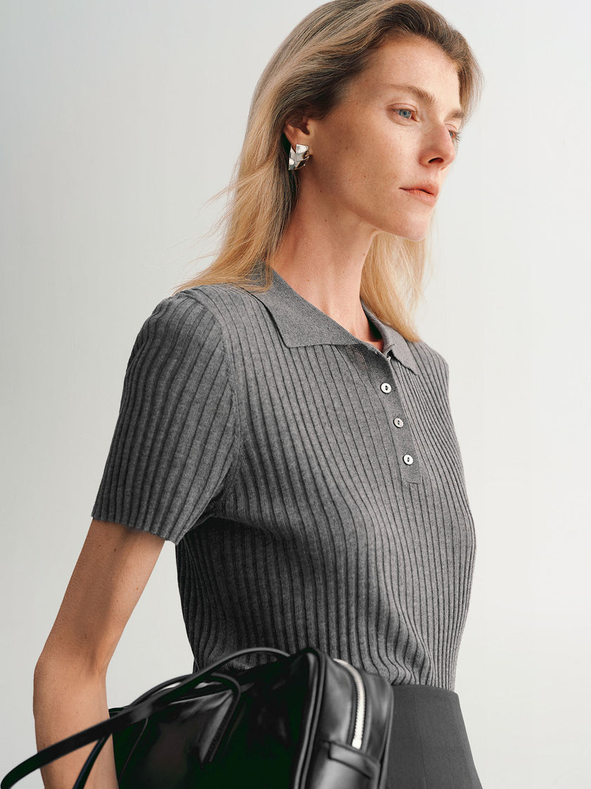 Polo Ribbed Knit Top