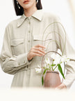 Belted dress with classic collar, long sleeves, beige