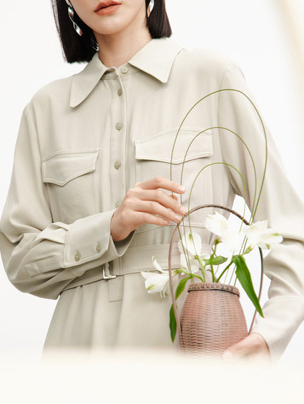 Belted dress with classic collar, long sleeves, beige