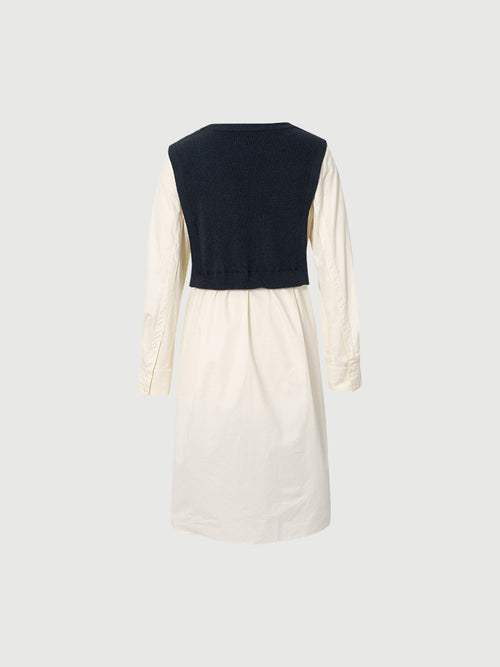 Load image 1 in gallery view. Black dress with round neck, long sleeves and belt