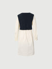 Black dress with round neck, long sleeves and belt