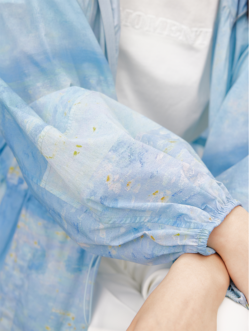 Women's Floral Blue Drawstring Waist Zipper Hoodie Middle Length Jacket