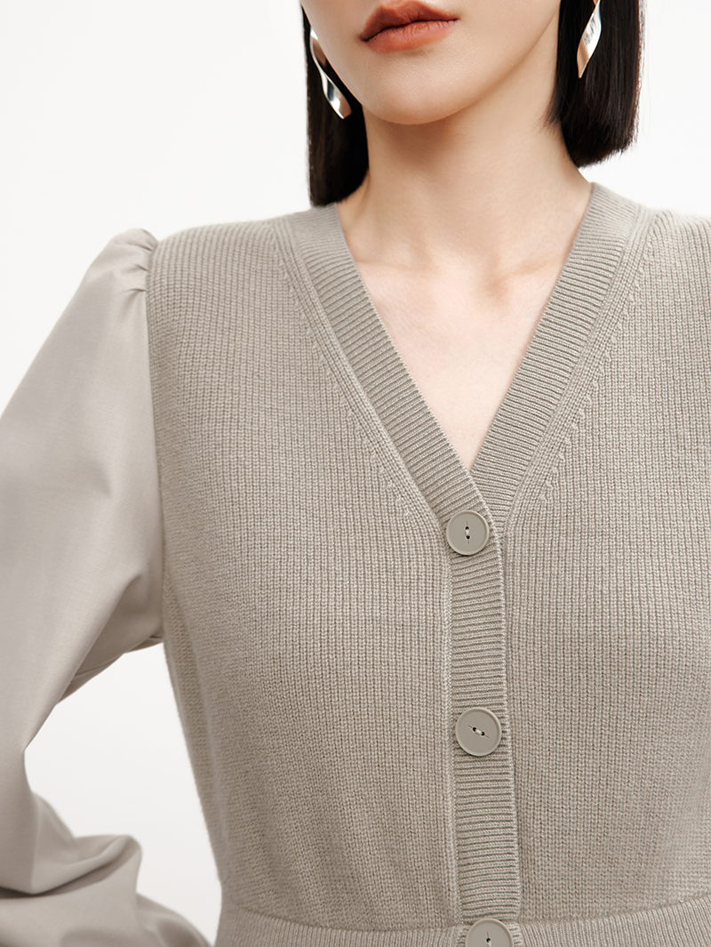 Women's Spring Light Coffee Sheep Wool Knit V Neck Vest Long Sleeves Dress