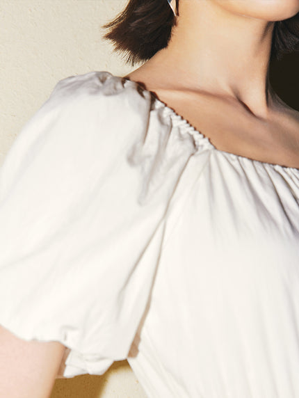 Women's Light Beige Square Neck Puff Sleeves Breathable Summer Dress