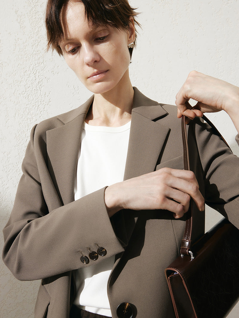 Women's Brown Notch Lapel Long Sleeves Blazer Jacket