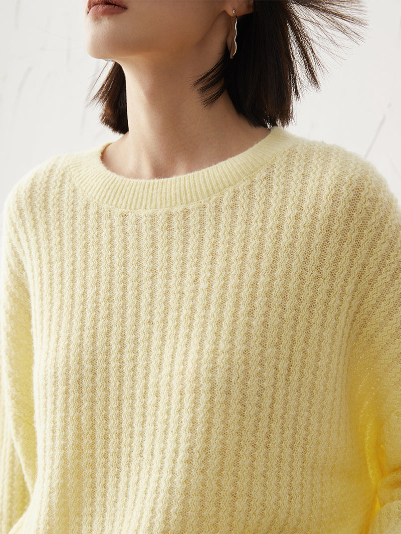 Women's Light Yellow Long Sleeve Wool Pullover Sweater