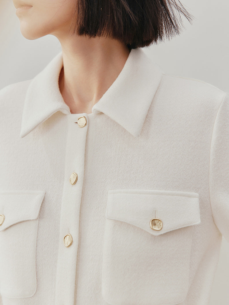 Women's White Wool Classic Collar Long Sleeve Drawstring Wasit Dress