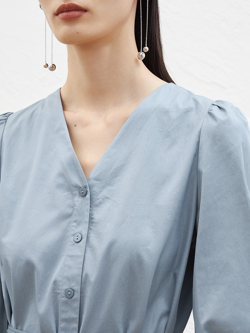 Women's Blue V Neck Puff Sleeve Natural Waist Dress