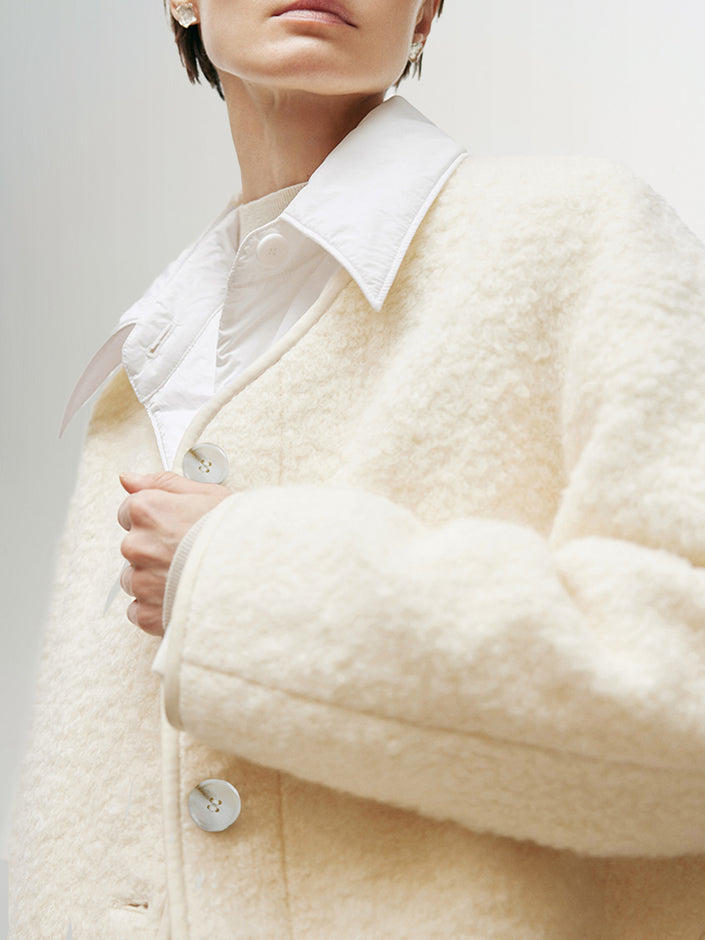 Women's White V Neck Long Sleeve Woolen Short Coat Jacket