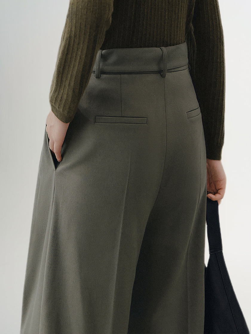 Women's Grey Wide Leg Belted Winter Trousers