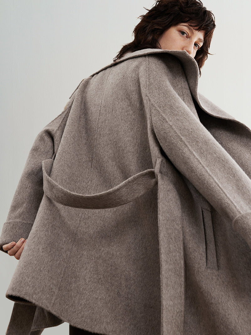 Women's Gray Camel Lapel Long Sleeves Wool Tie Belt Winter Coat