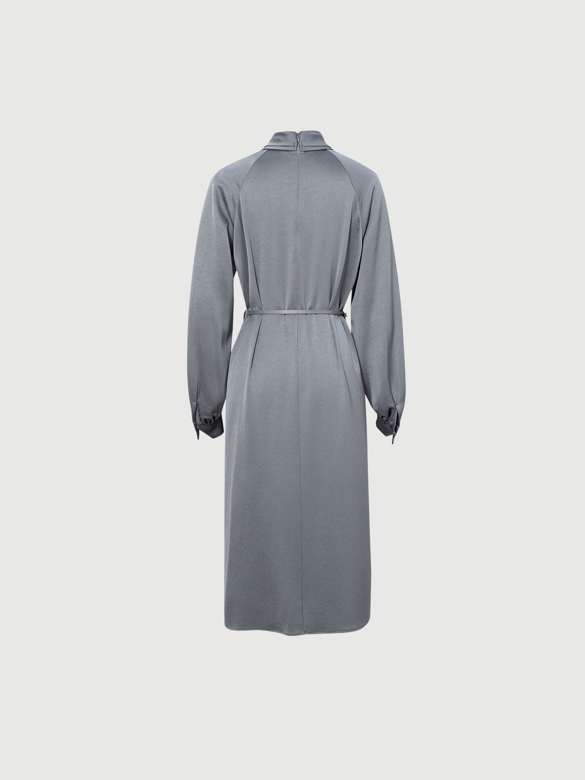 Women's Gray Tie Neck Long Sleeves Belted Dress