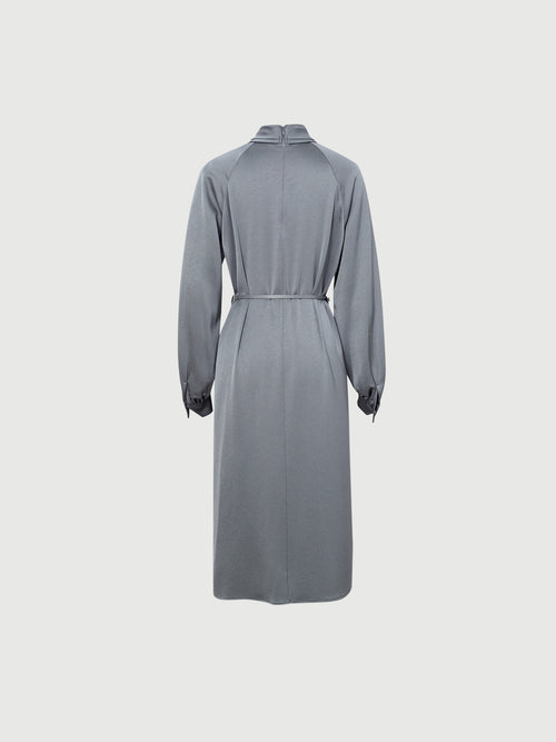 Load image 1 in gallery view. Women's Gray Tie Neck Long Sleeves Belted Dress