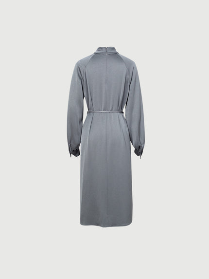 Women's Gray Tie Neck Long Sleeves Belted Dress 5DA194791