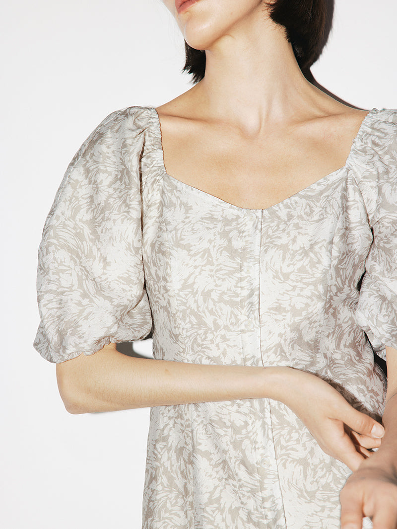 Women's Floral Light Gray Square Neck Puff Sleeves Breathable Lyocell Middle Length Dress