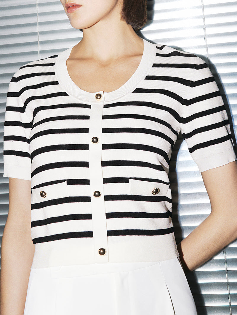 Women's White Round Neck Short Sleeves Buttons Knit Top