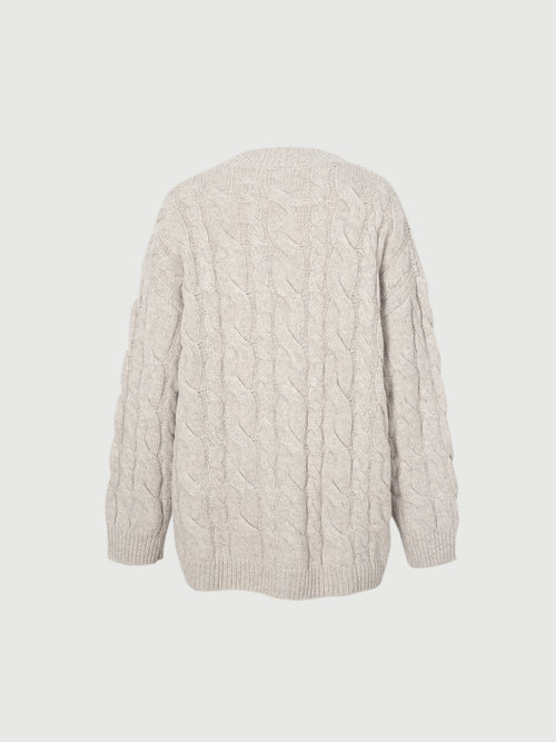 Carica immagine 1 in visualizzazione galleria. Women's Oatmeal-Colored V Neck 100% Wool Heavy Sweater Cardigan