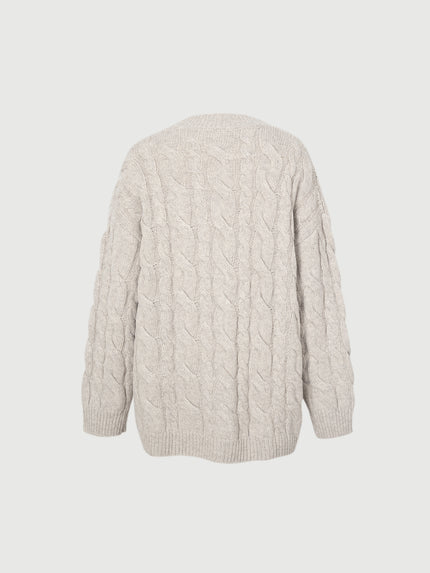 Women's Oatmeal-Colored V Neck 100% Wool Heavy Sweater Cardigan