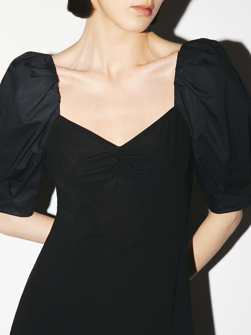 Women's Black Square Neck Puff Sleeves Smooth Vinegar Dress