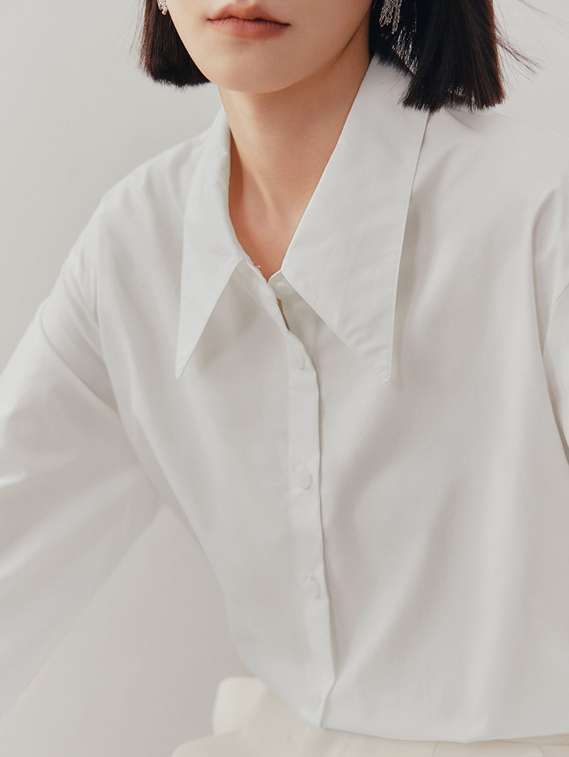 Women's White Classic Collar Long Sleeve 100% Cotton Round Hem Shirt