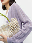 Women's Summer Cotton Purple Gray V Neck Sleeve Short Cardigan Knitwear