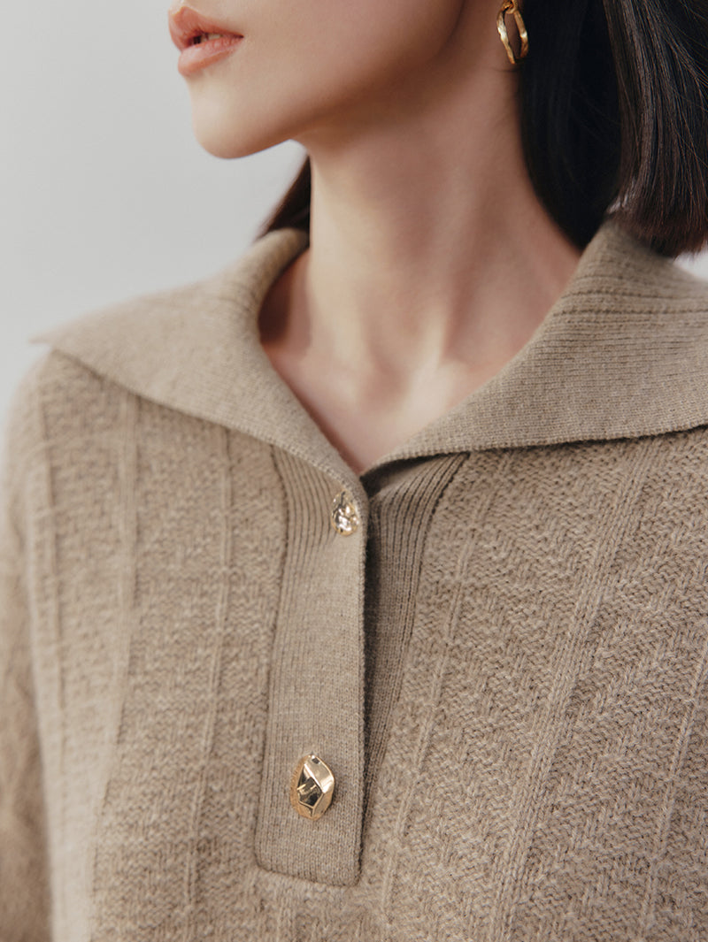 Women's Brown Polo Neck Ribbed Knit 100% Cashmere Sweater