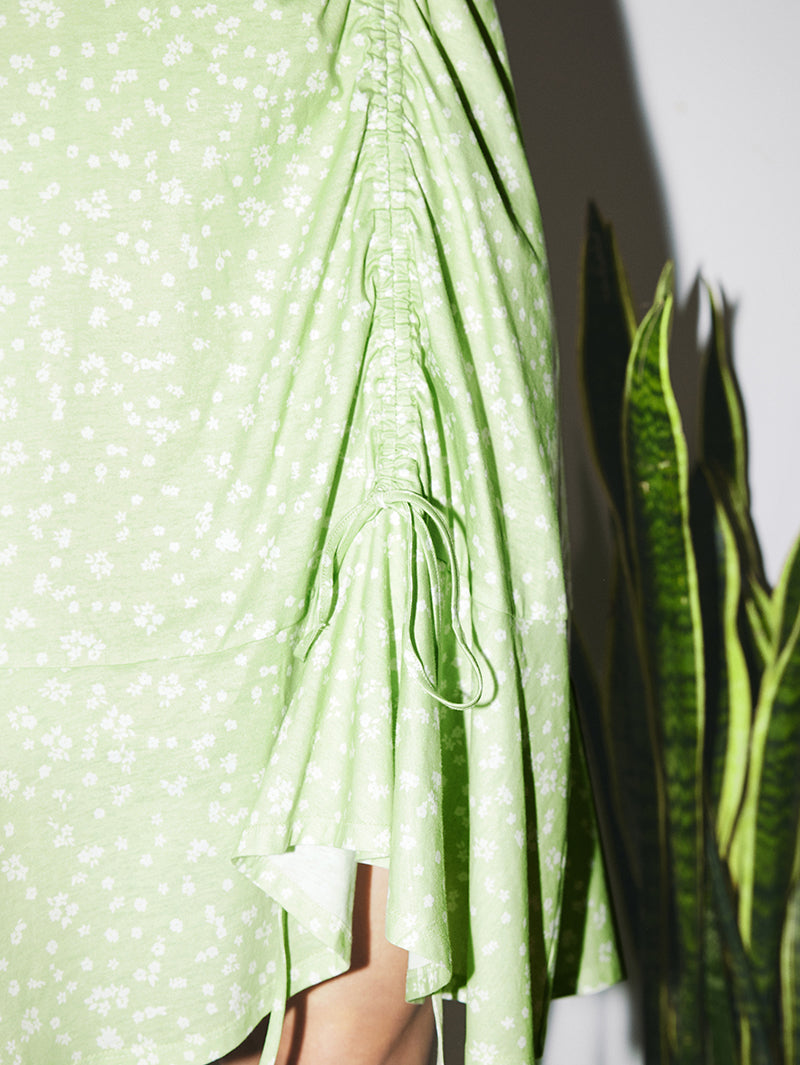 Women's Floral Light Green V Neck A-Line 100% Cotton Wrap Dress