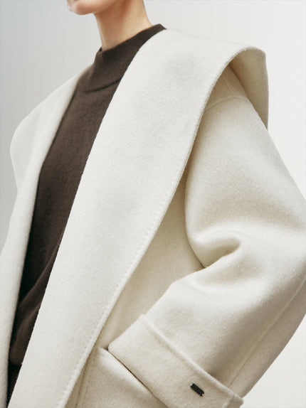 Women's White Belted Wool Coat with Hood