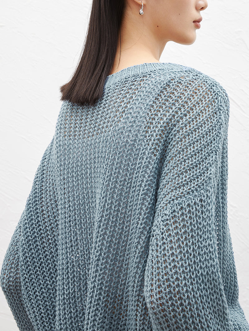 Women's Blue Round Neck Long Sleeve Sweater