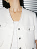 Women's Original White V Neck Texture  Fringes Shoulder Pad Short Jacket